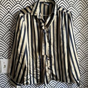 Vintage Russ regal tan/black Blouse Striped silky button down academia siren